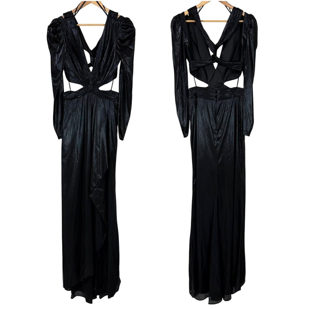 Mac Duggal NWT Black Princess Sleeve Cut Out Metallic Gown Deep V-neck Size 4 - Picture 3 of 10